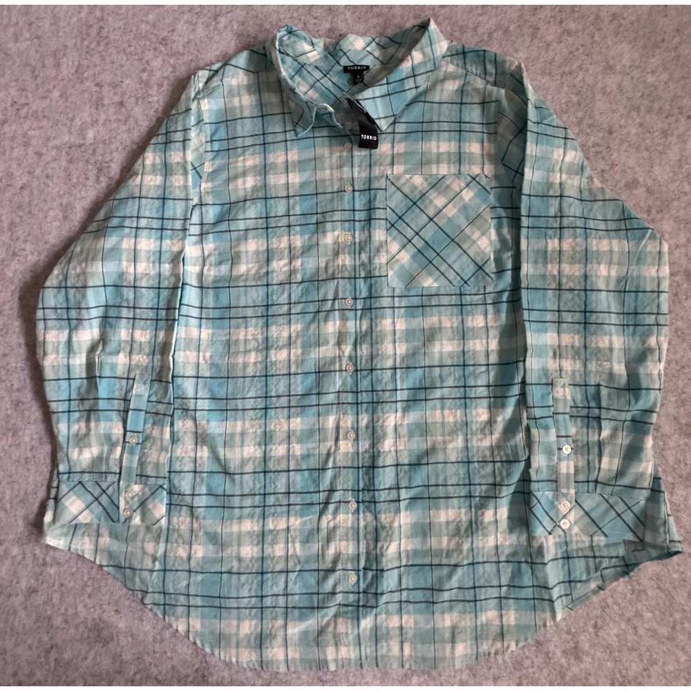 Torrid Shirt Womens 5X Blue Plaid Lizzie Cotton Button Down Long Sleeve NEW
